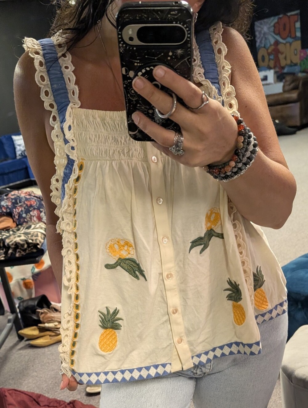 Cream Embroidered Pineapple Button-Front Tank Top with Blue Trim - Picture 11 of 11